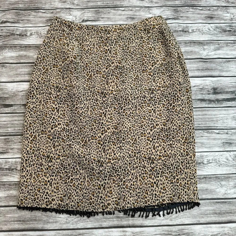 Allison Taylor Petite Silk Leopard Pencil Skirt Beaded Fringe Women’s 8P